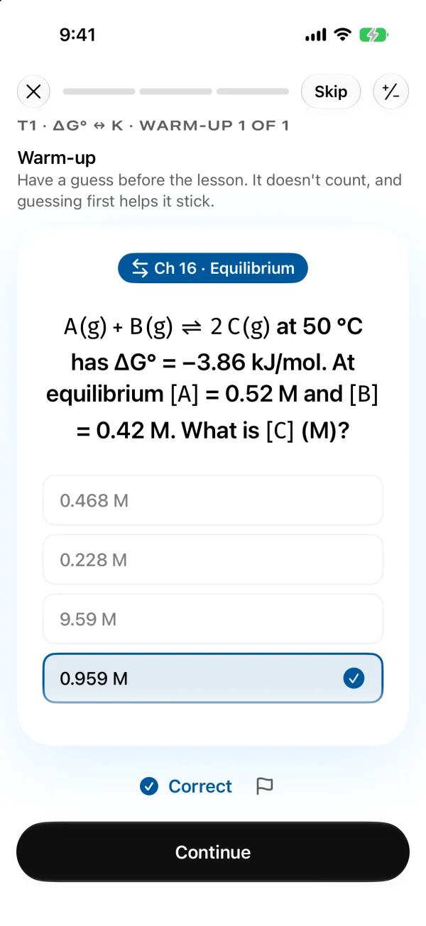 A warm-up question on chemical equilibrium, with math typeset and the right answer chosen.